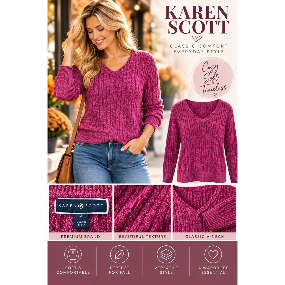 Karen Scott Women's Cable Knit V-Neck Sweater Magenta Berry Pink Size M